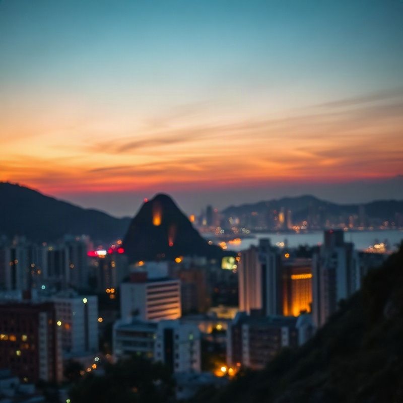 Silhueta do Rio de Janeiro ao entardecer com brilho dourado no horizonte