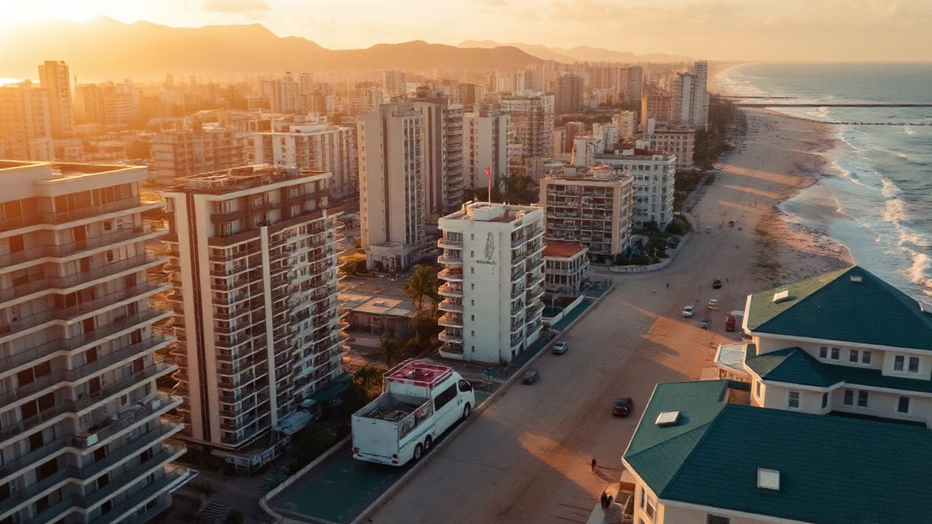 Vista aérea da orla de Copacabana ao entardecer