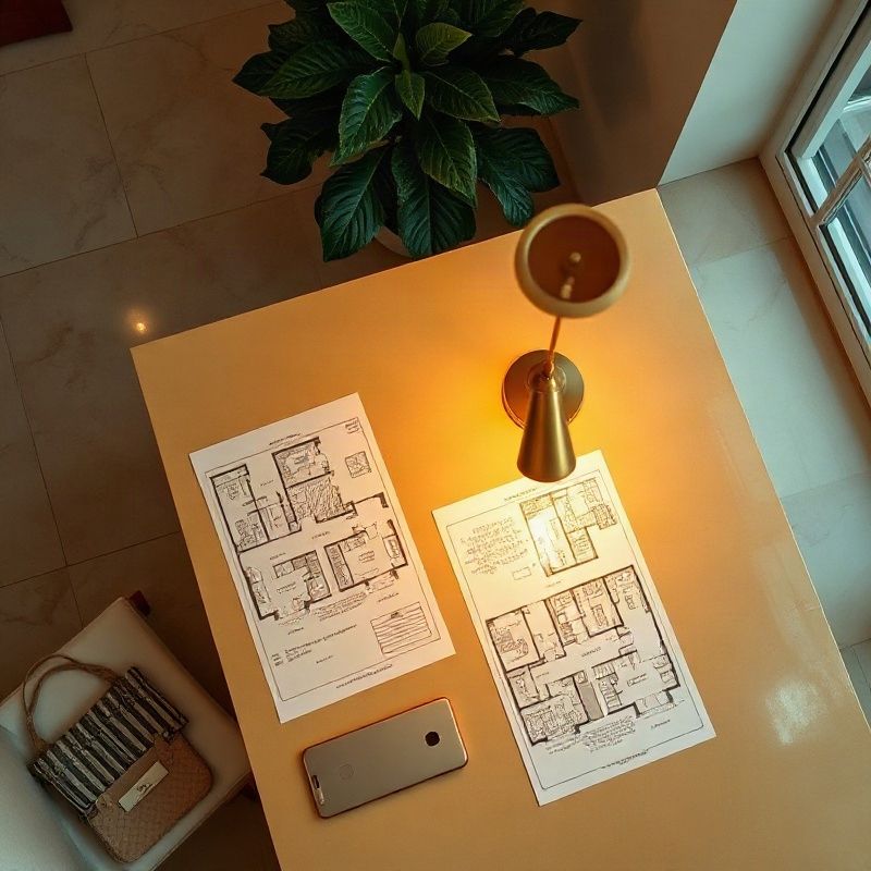 Mesa de reunião com plantas arquitetônicas sob luz dourada